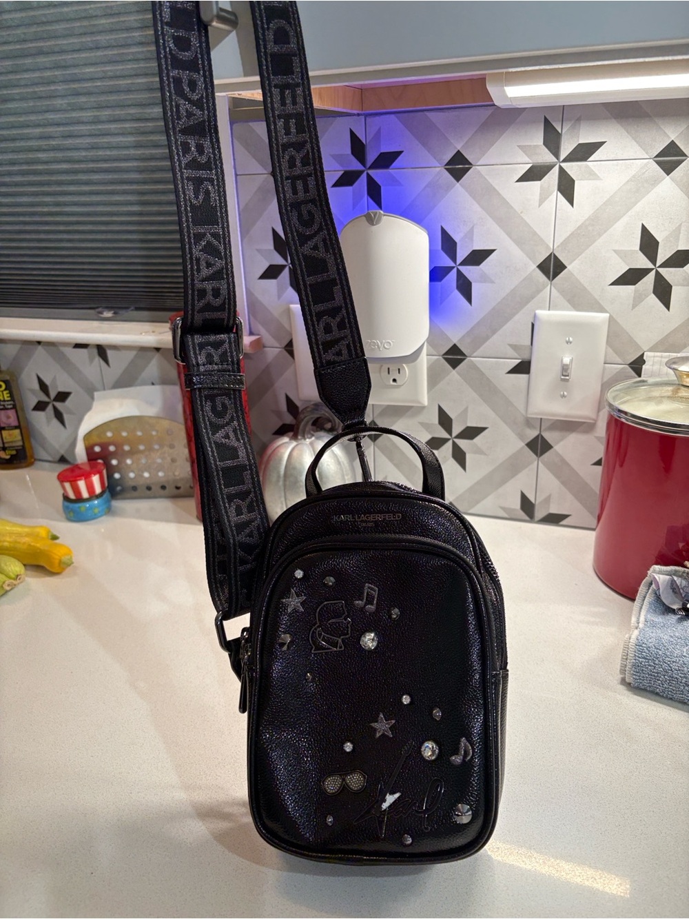 Karl Lagerfeld Black Mini Crossbody with Embellished Motifs NWOT